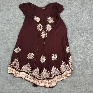 Palak Dress Womens Size M Burgundy Viscose Floral Boho Casual Midi Cap Sleeve